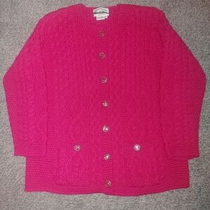 Vintage Chunky Cable Knit Pink Cardigan sweater Made in Ireland XL Cabincore